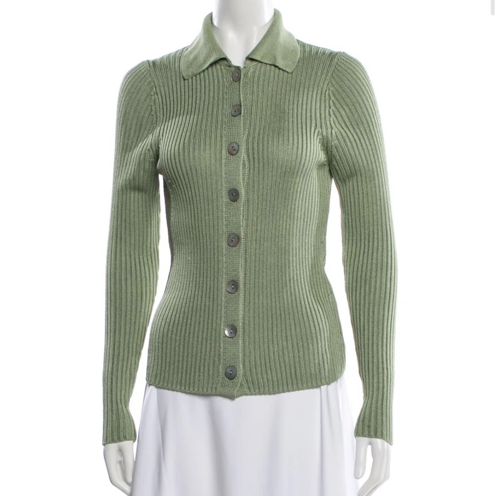 Vince Green Ribbed Collared Cardigan